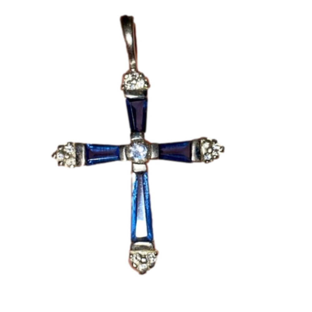 VTG Sterling Blue White CZ Cross Stamped 925 JJT CZ 1.4” w 20” 925 Snake Chain